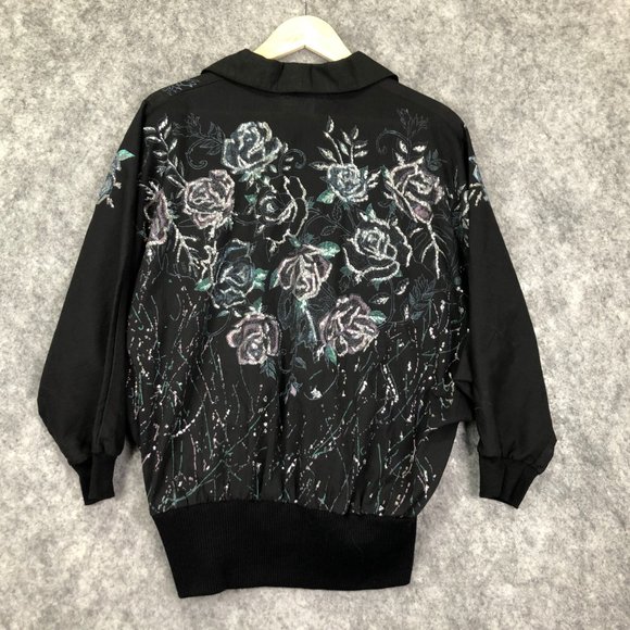 Vintage 80s 90s Sweater Size L Womens Glitter Floral Dolman 3/4 Sleeve Black - Picture 11 of 12